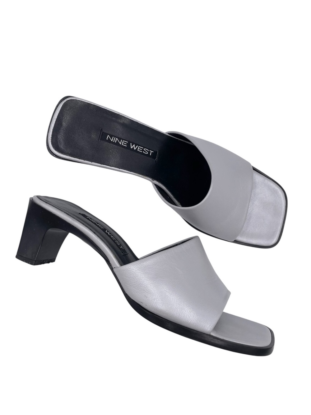Vintage 90s Y2K Nine West Silver Square Toe Sandal Heels Size 5.5 Retro 2000s